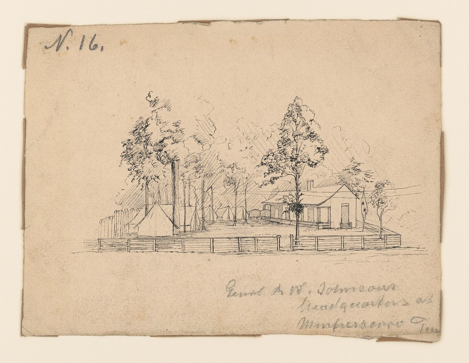 Pen sketch of General R.W. Johnson's headquarters at Stones River, 1863