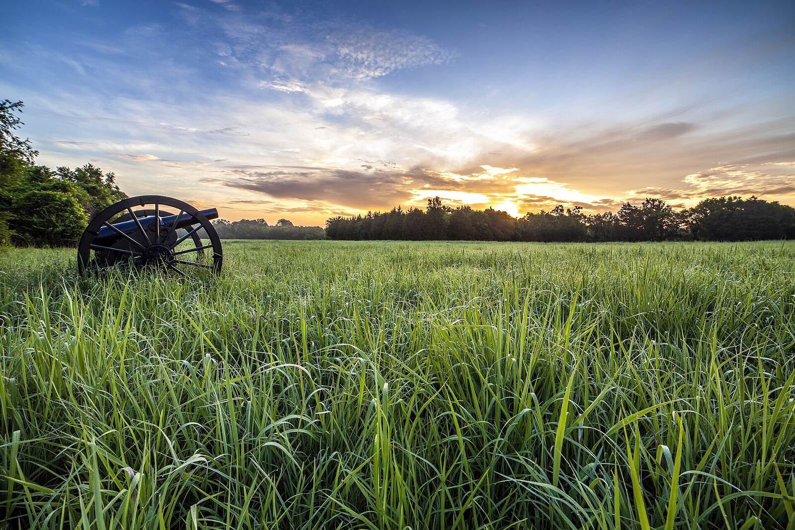A Civil War cannon in a grassy field at sunset at Stones River National Battlefield