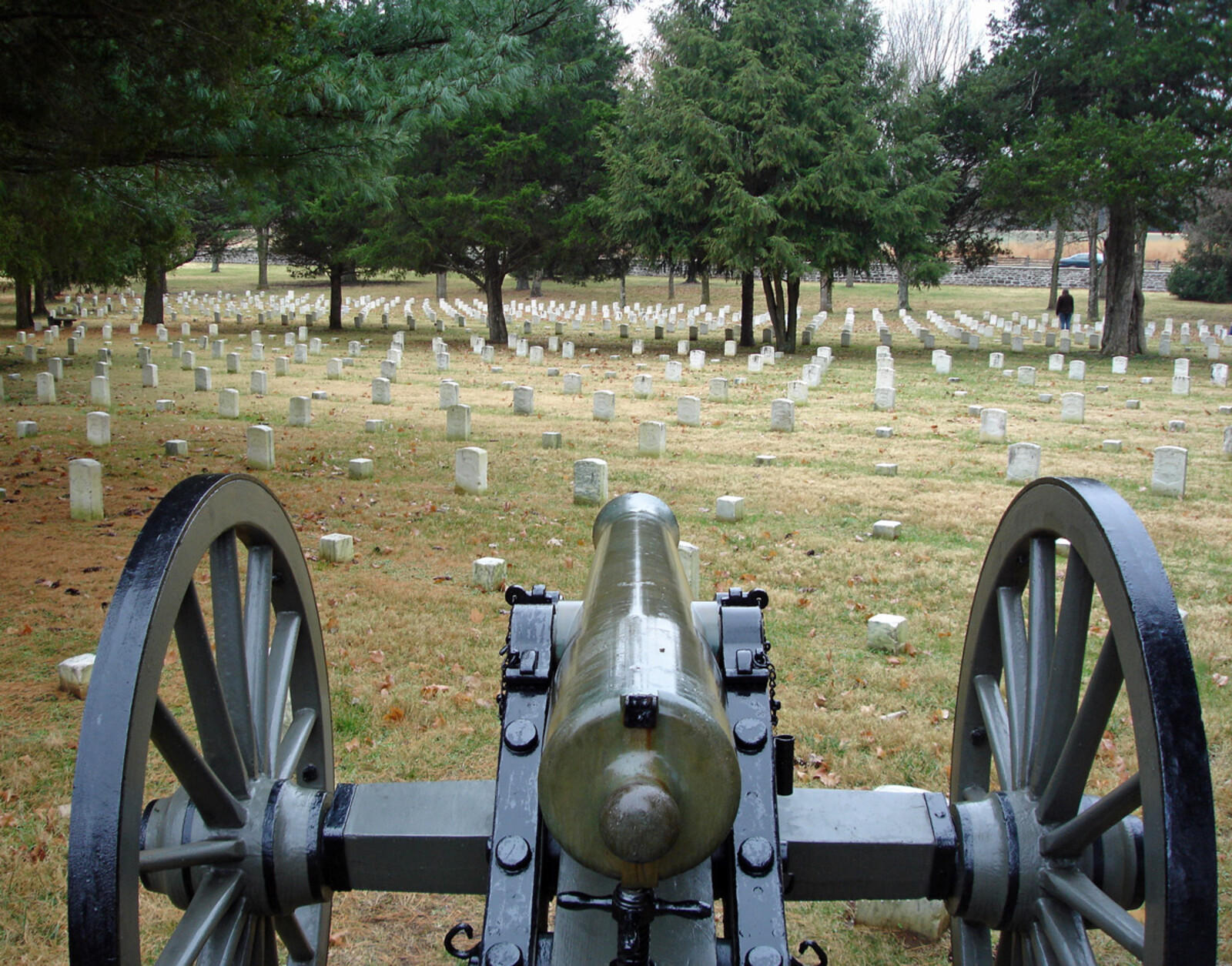 Cannon and rows of headstones at Stones River National Cemetery